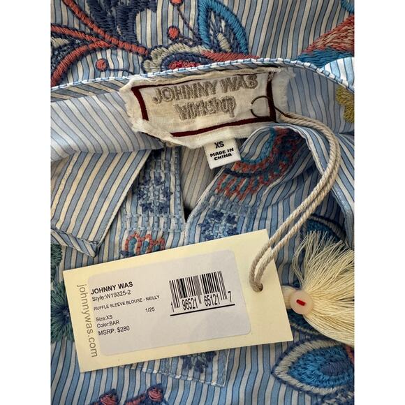 JOHNNY WAS Barine Stripe 100% Silk Nielly Ruffle Sleeve Blouse Size XS Oversize - Picture 8 of 9